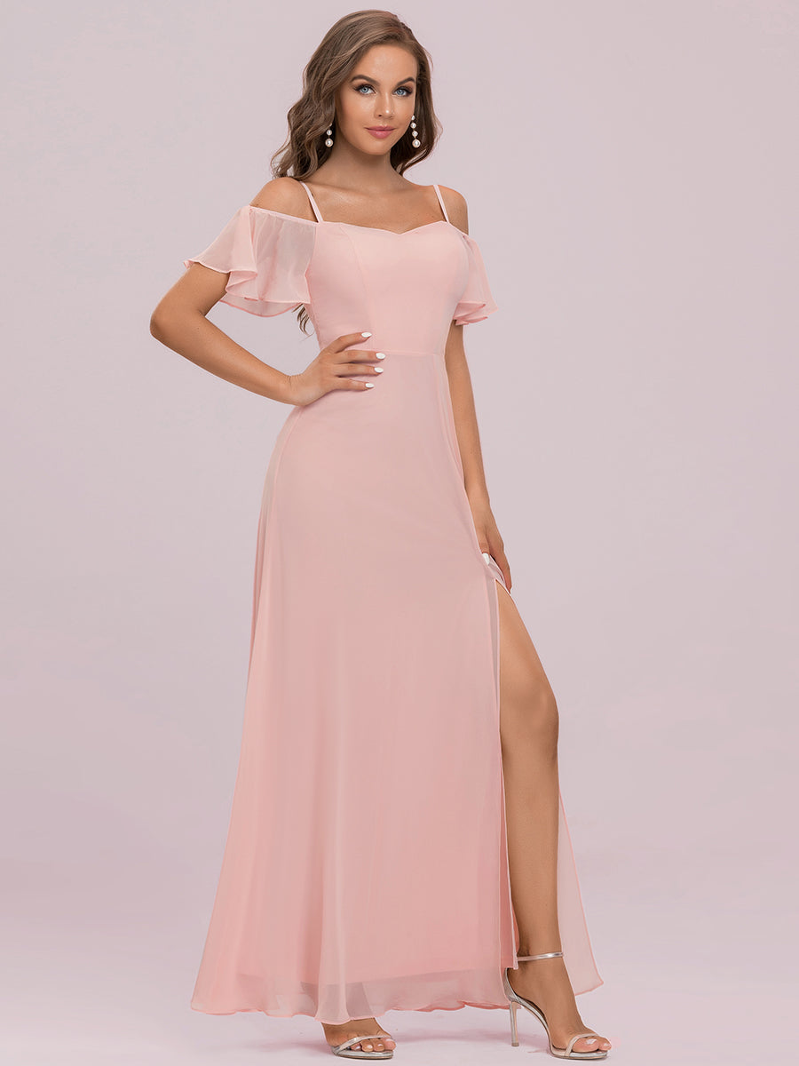 Bodenlanger Offshoulder A-Linien Chiffon Kleid Mit Hohem Schlitz #Farbe_Pink