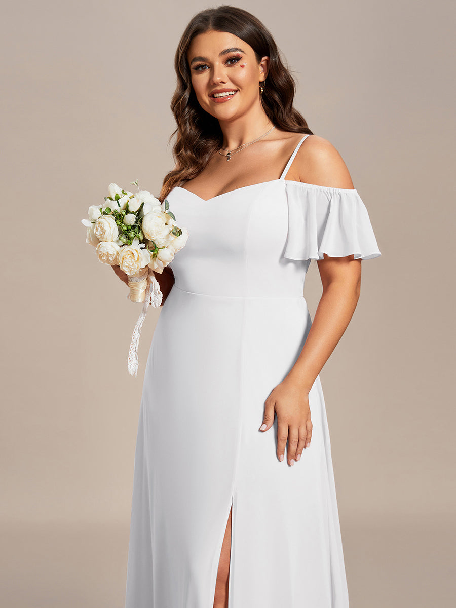 Bodenlanger Offshoulder A-Linien Chiffon Kleid Mit Hohem Schlitz #Farbe_Weiß