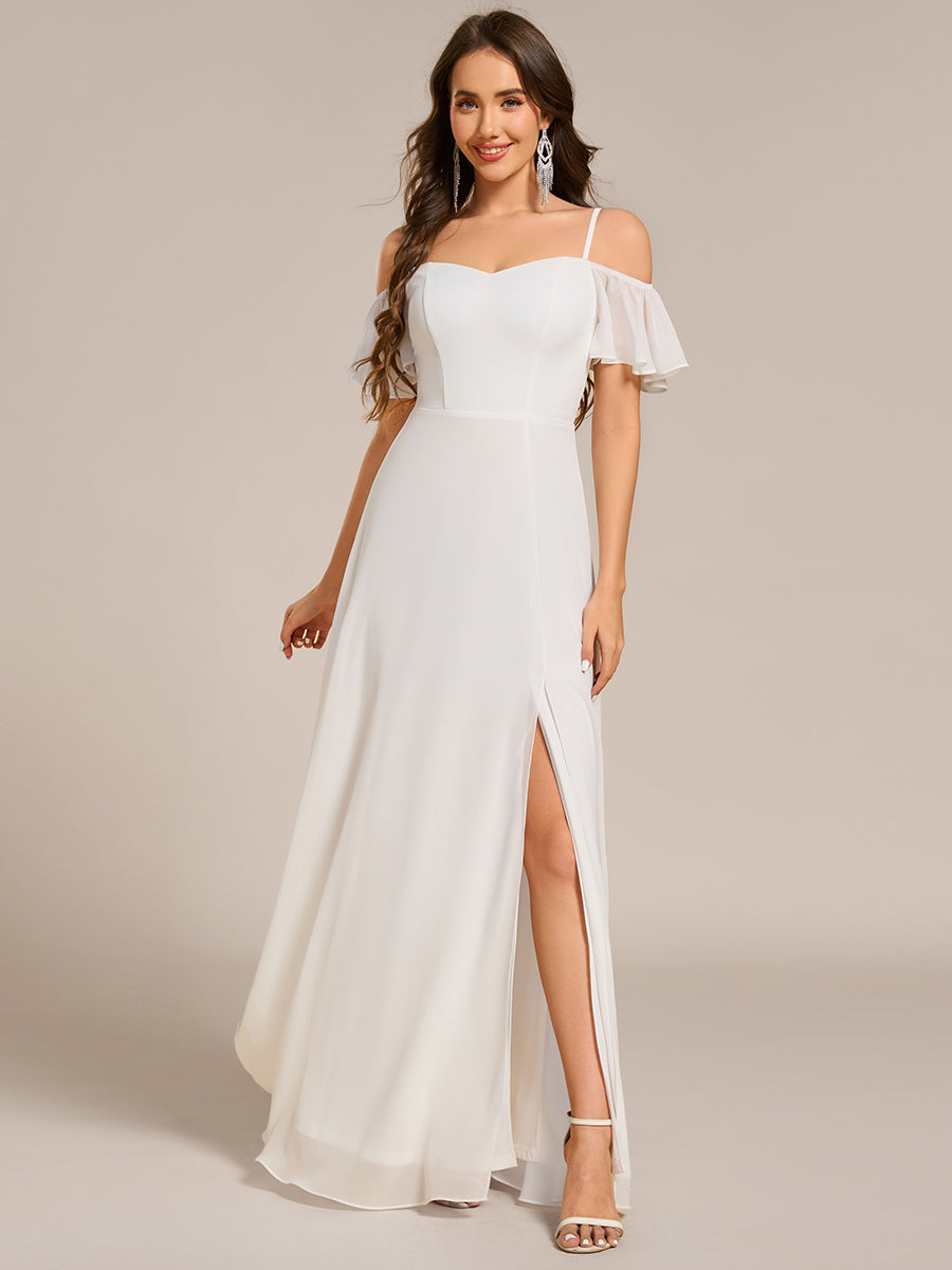 Bodenlanger Offshoulder A-Linien Chiffon Kleid Mit Hohem Schlitz #Farbe_Weiß