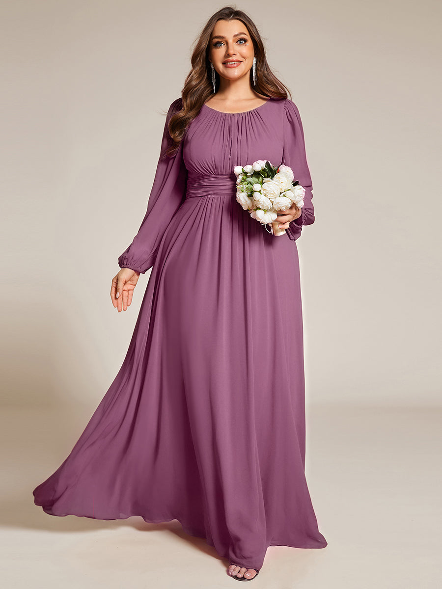 Rundhals Bodenlaenge Langarm Brautjungfernkleider #farbe_Pflaumenviolett