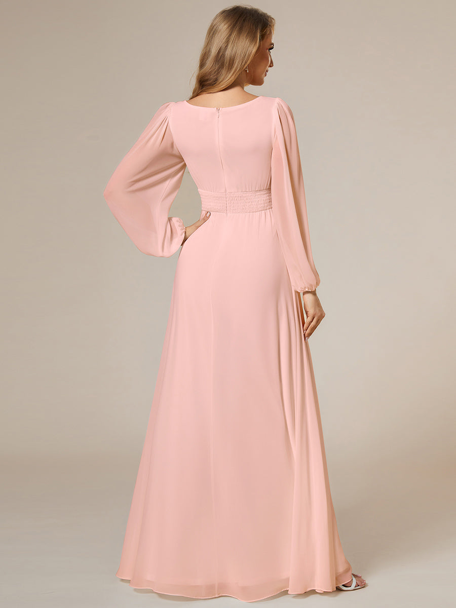 Rundhals Bodenlaenge Langarm Brautjungfernkleider #farbe_Pink