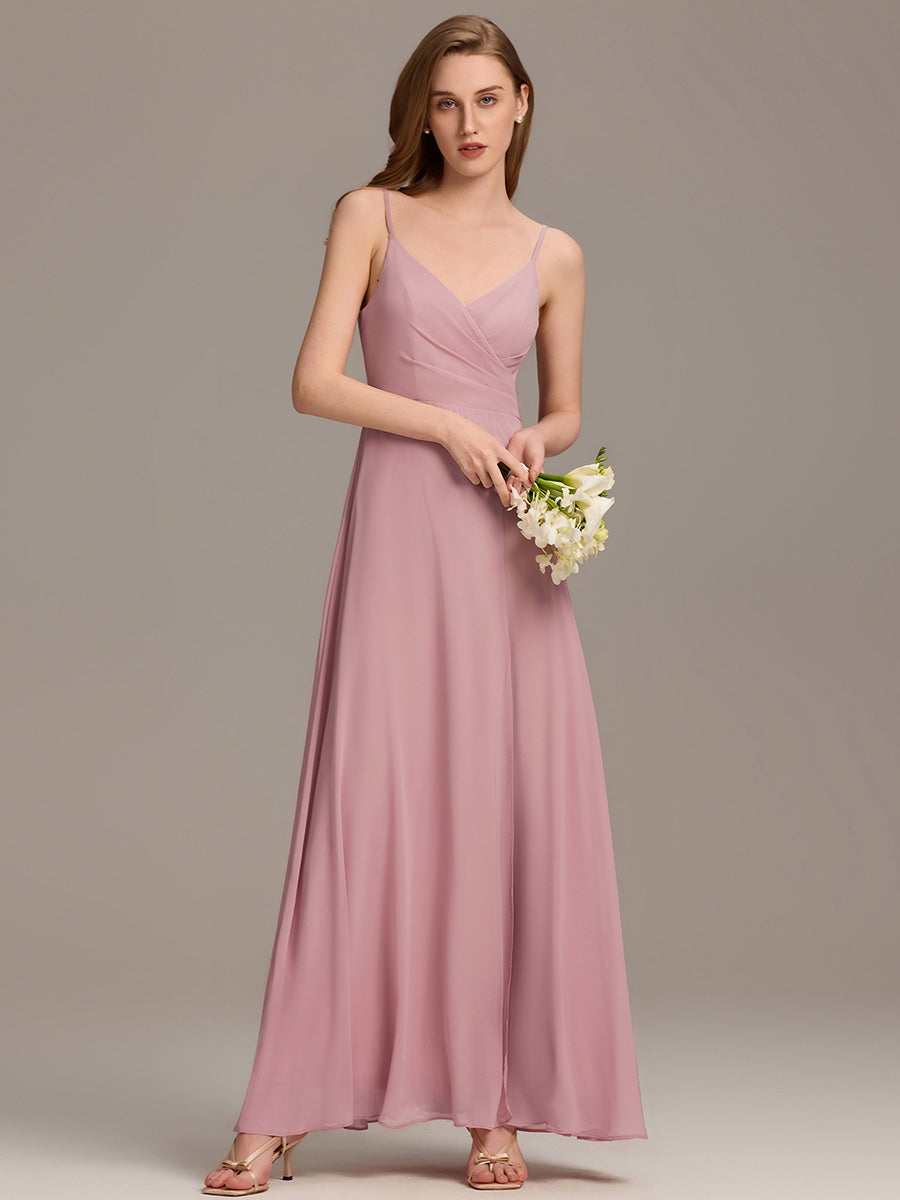 Bodenlanger V-Ausschnitt A-Linie Chiffonkleid Mit Tiefem V-Ausschnitt Und Gerafften Details Kleid #Farbe_Altrosa