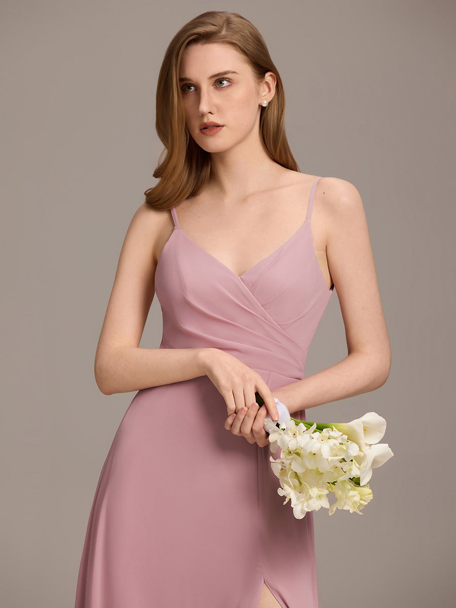 Bodenlanger V-Ausschnitt A-Linie Chiffonkleid Mit Tiefem V-Ausschnitt Und Gerafften Details Kleid #Farbe_Altrosa