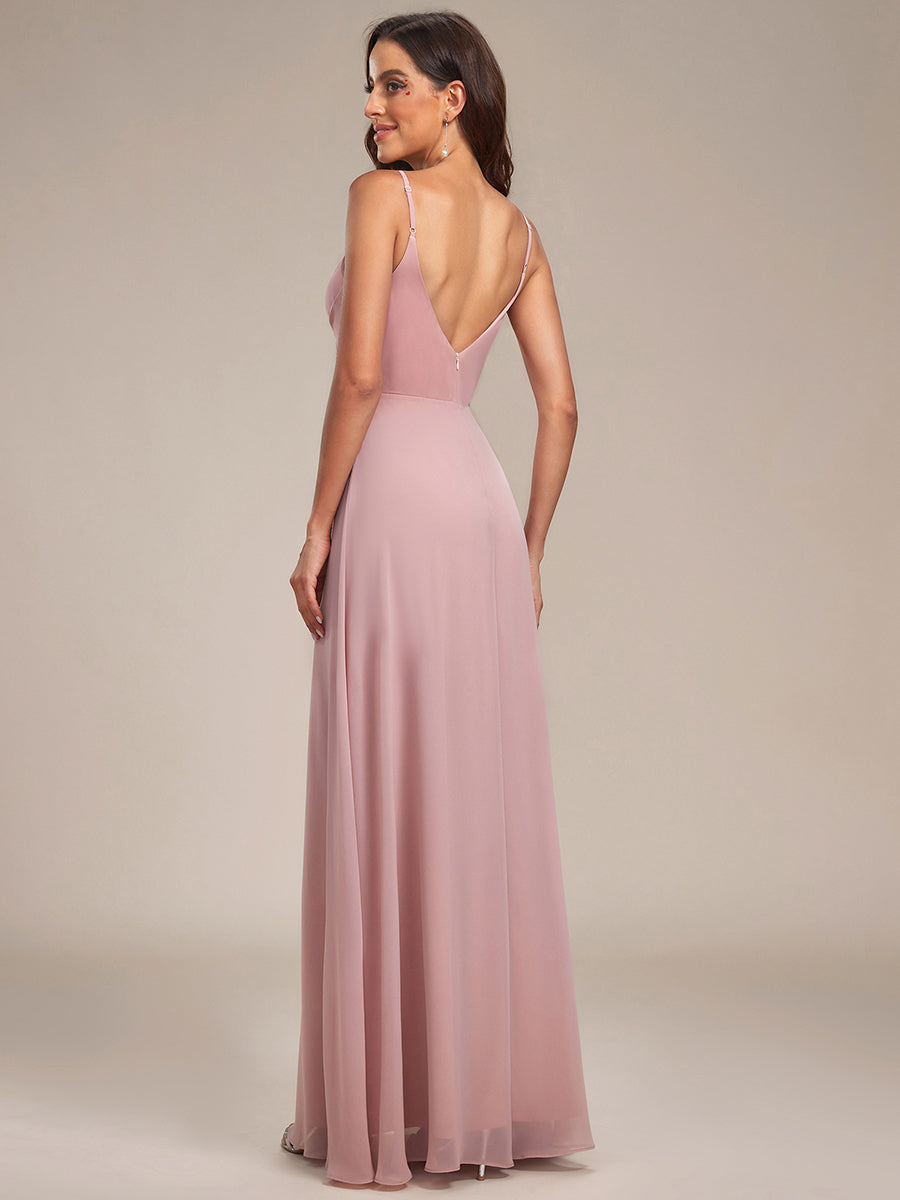 Bodenlanger V-Ausschnitt A-Linie Chiffonkleid Mit Tiefem V-Ausschnitt Und Gerafften Details Kleid #Farbe_Altrosa