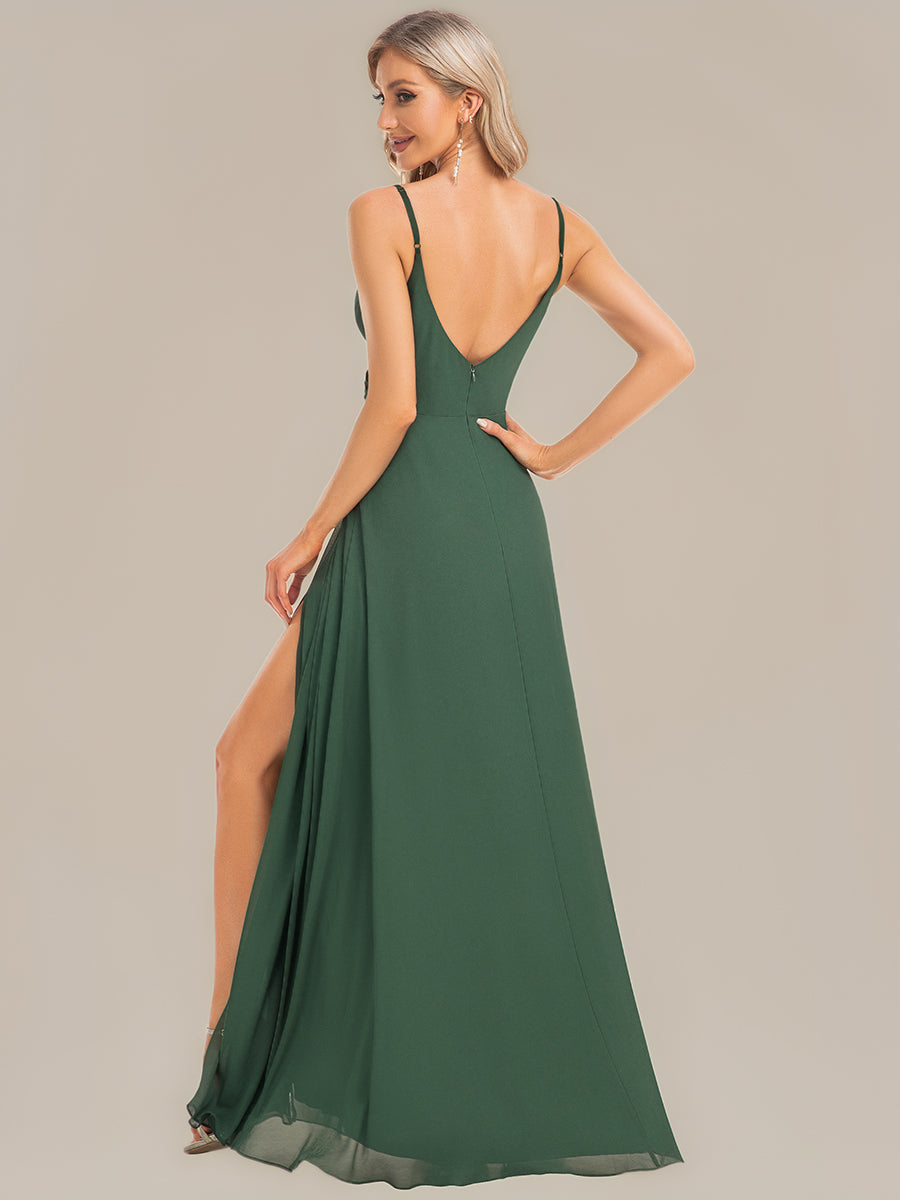 Bodenlanger V-Ausschnitt A-Linie Chiffonkleid Mit Tiefem V-Ausschnitt Und Gerafften Details Kleid #Farbe_Eukalyptus