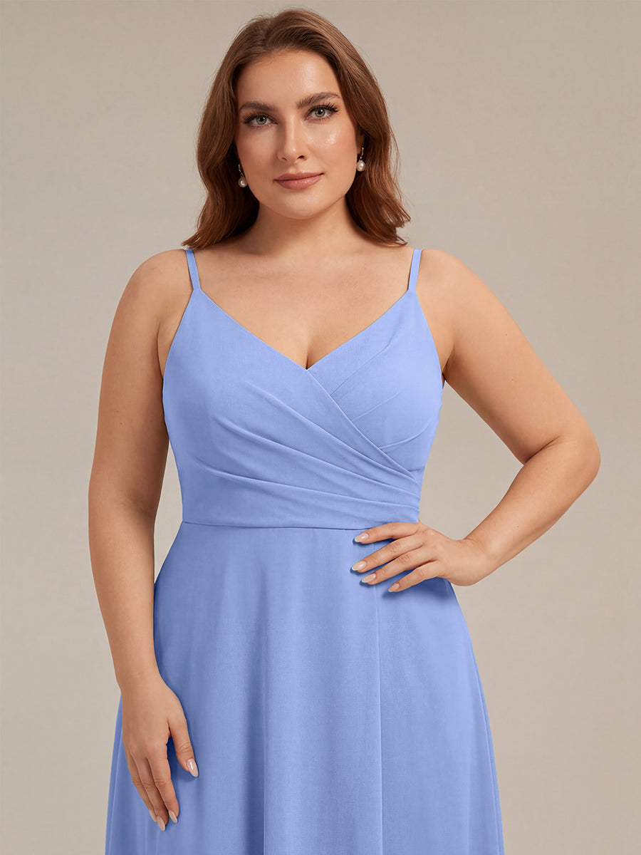 Bodenlanger V-Ausschnitt A-Linie Chiffonkleid Mit Tiefem V-Ausschnitt Und Gerafften Details Kleid #Farbe_Kornblumenblau