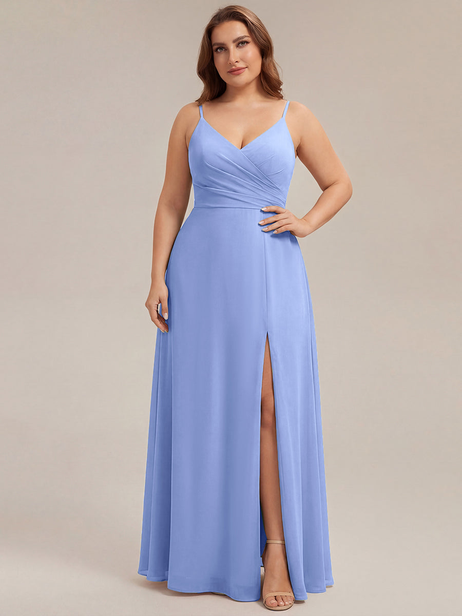 Bodenlanger V-Ausschnitt A-Linie Chiffonkleid Mit Tiefem V-Ausschnitt Und Gerafften Details Kleid #Farbe_Kornblumenblau