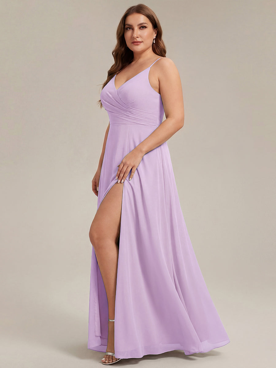 Bodenlanger V-Ausschnitt A-Linie Chiffonkleid Mit Tiefem V-Ausschnitt Und Gerafften Details Kleid #Farbe_Mattflieder