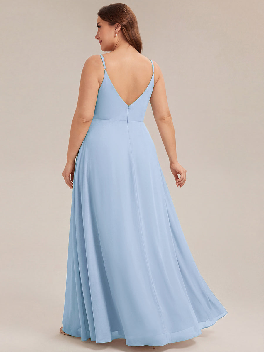 Bodenlanger V-Ausschnitt A-Linie Chiffonkleid Mit Tiefem V-Ausschnitt Und Gerafften Details Kleid #Farbe_Eisblau
