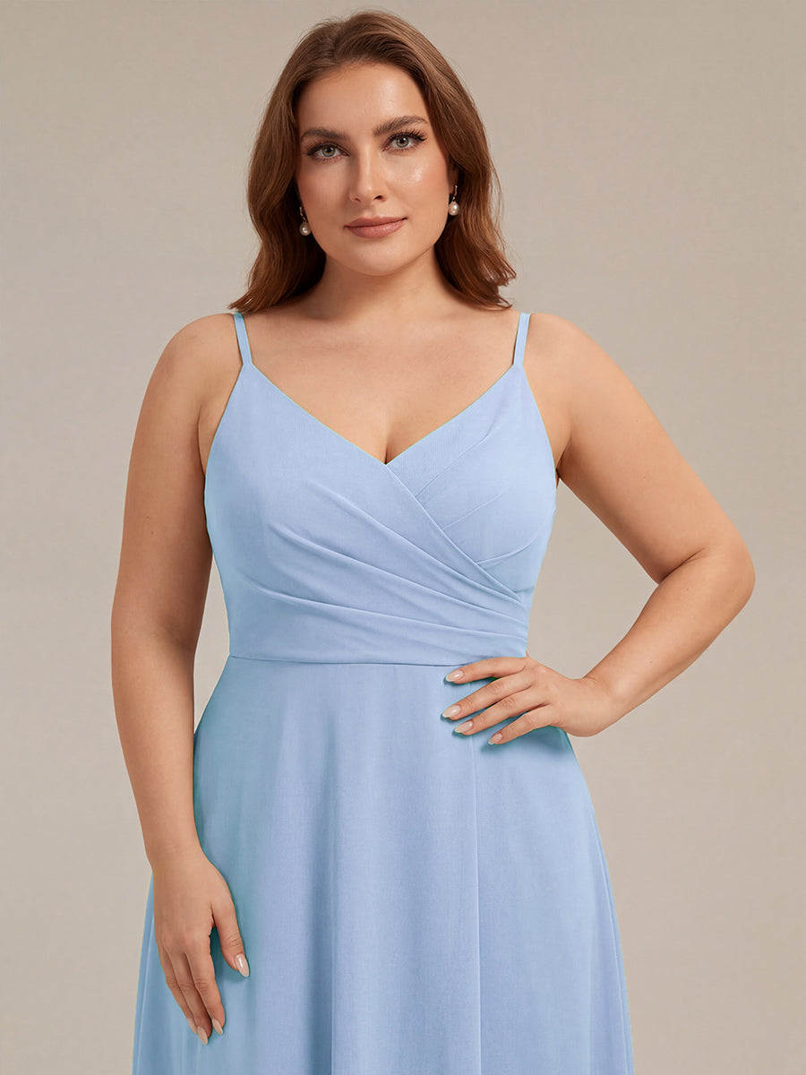 Bodenlanger V-Ausschnitt A-Linie Chiffonkleid Mit Tiefem V-Ausschnitt Und Gerafften Details Kleid #Farbe_Eisblau