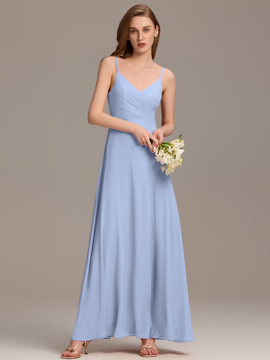 Bodenlanger V-Ausschnitt A-Linie Chiffonkleid Mit Tiefem V-Ausschnitt Und Gerafften Details Kleid #Farbe_Eisblau