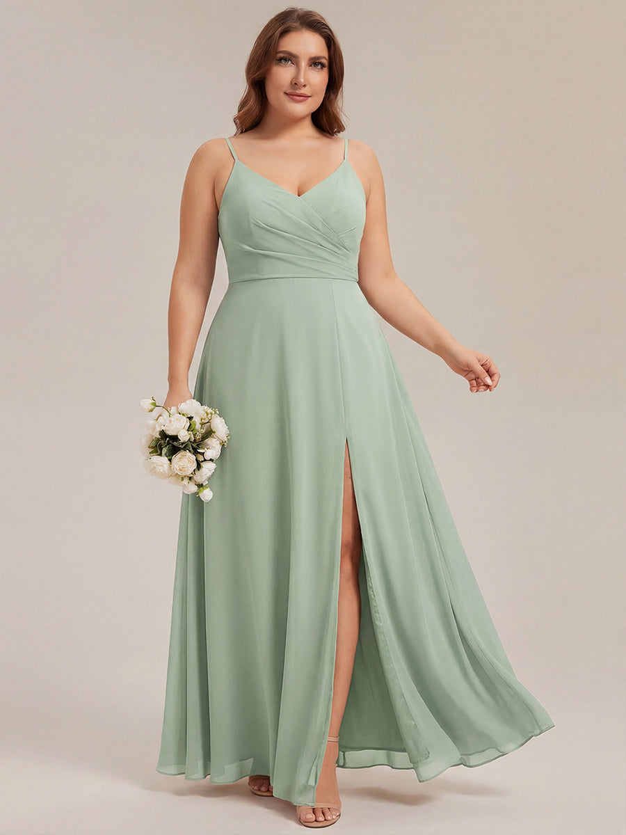 Bodenlanger V-Ausschnitt A-Linie Chiffonkleid Mit Tiefem V-Ausschnitt Und Gerafften Details Kleid #Farbe_Mintgrün