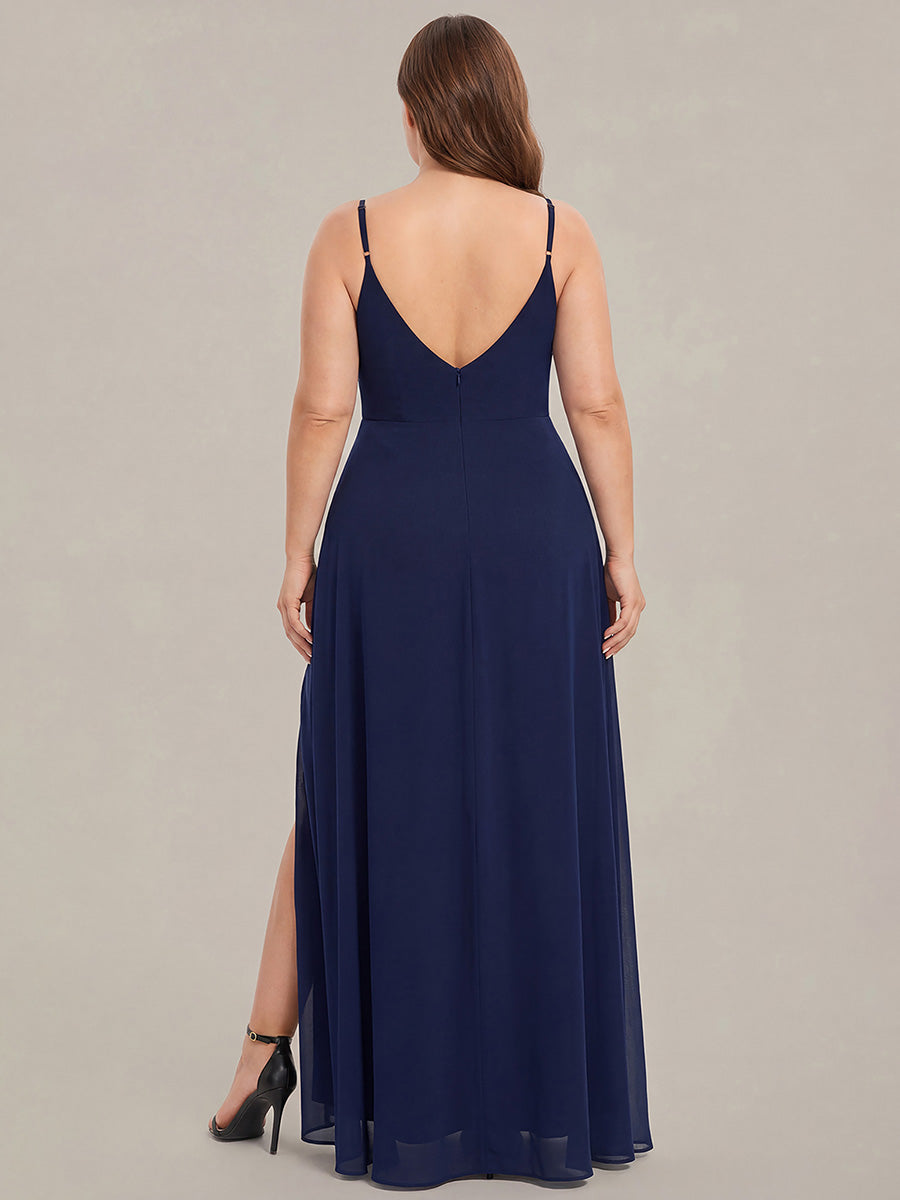 Bodenlanger V-Ausschnitt A-Linie Chiffonkleid Mit Tiefem V-Ausschnitt Und Gerafften Details Kleid #Farbe_Marineblau