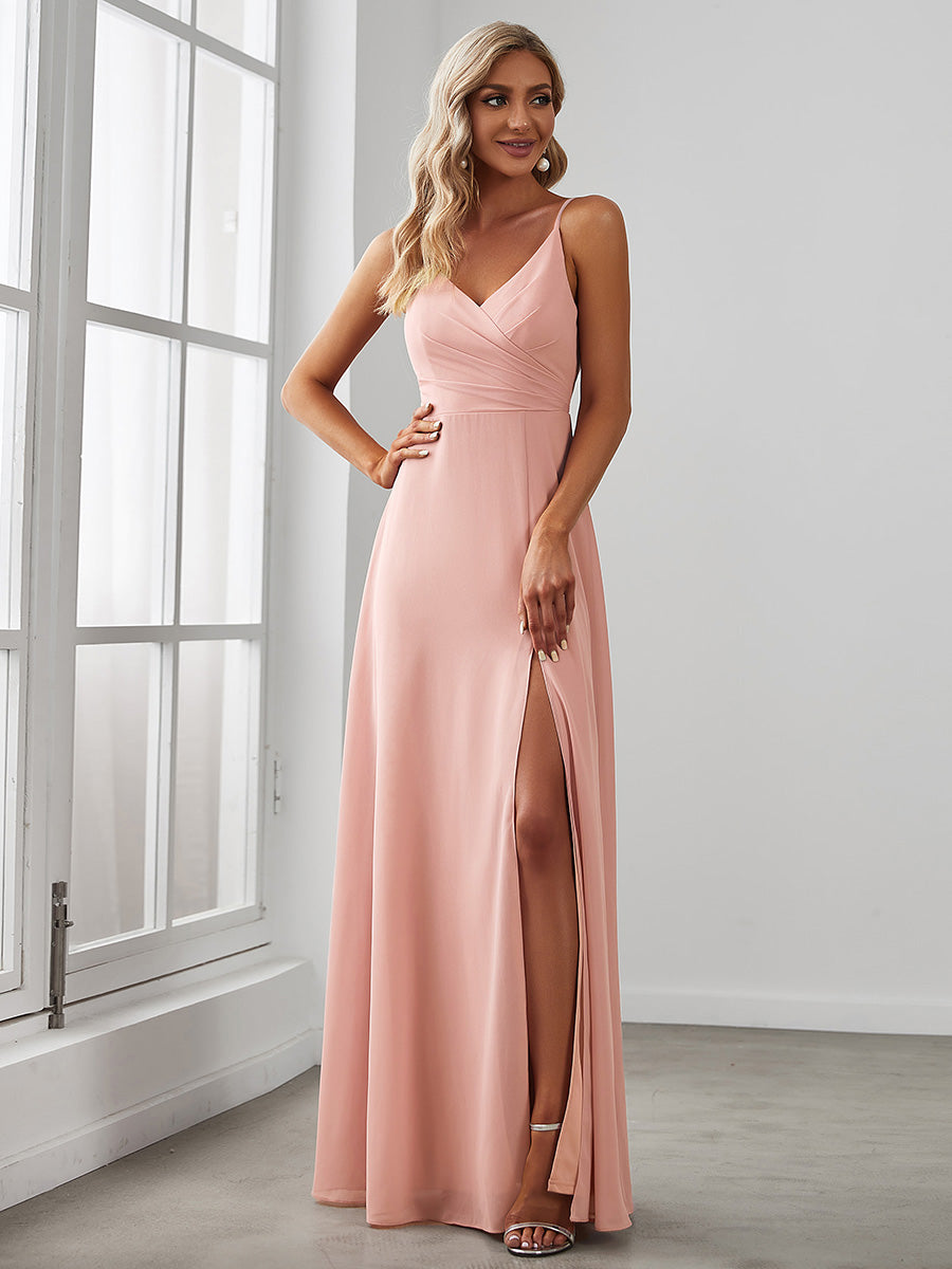 Bodenlanger V-Ausschnitt A-Linie Chiffonkleid Mit Tiefem V-Ausschnitt Und Gerafften Details Kleid #Farbe_Rosa