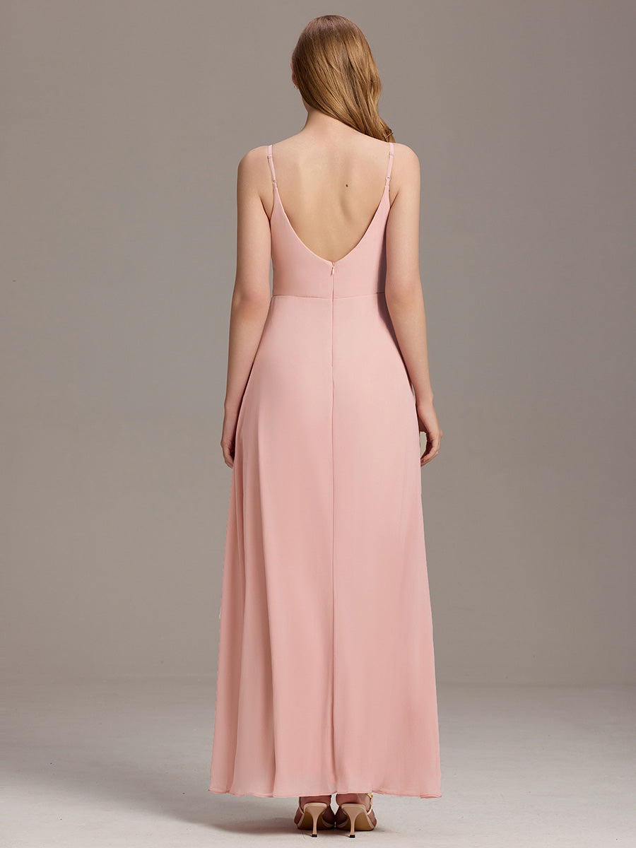 Bodenlanger V-Ausschnitt A-Linie Chiffonkleid Mit Tiefem V-Ausschnitt Und Gerafften Details Kleid #Farbe_Rosa
