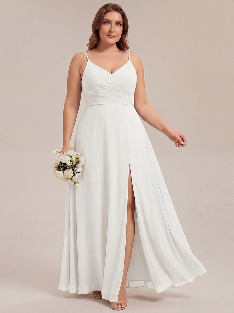 Bodenlanger V-Ausschnitt A-Linie Chiffonkleid Mit Tiefem V-Ausschnitt Und Gerafften Details Kleid #Farbe_Weiß