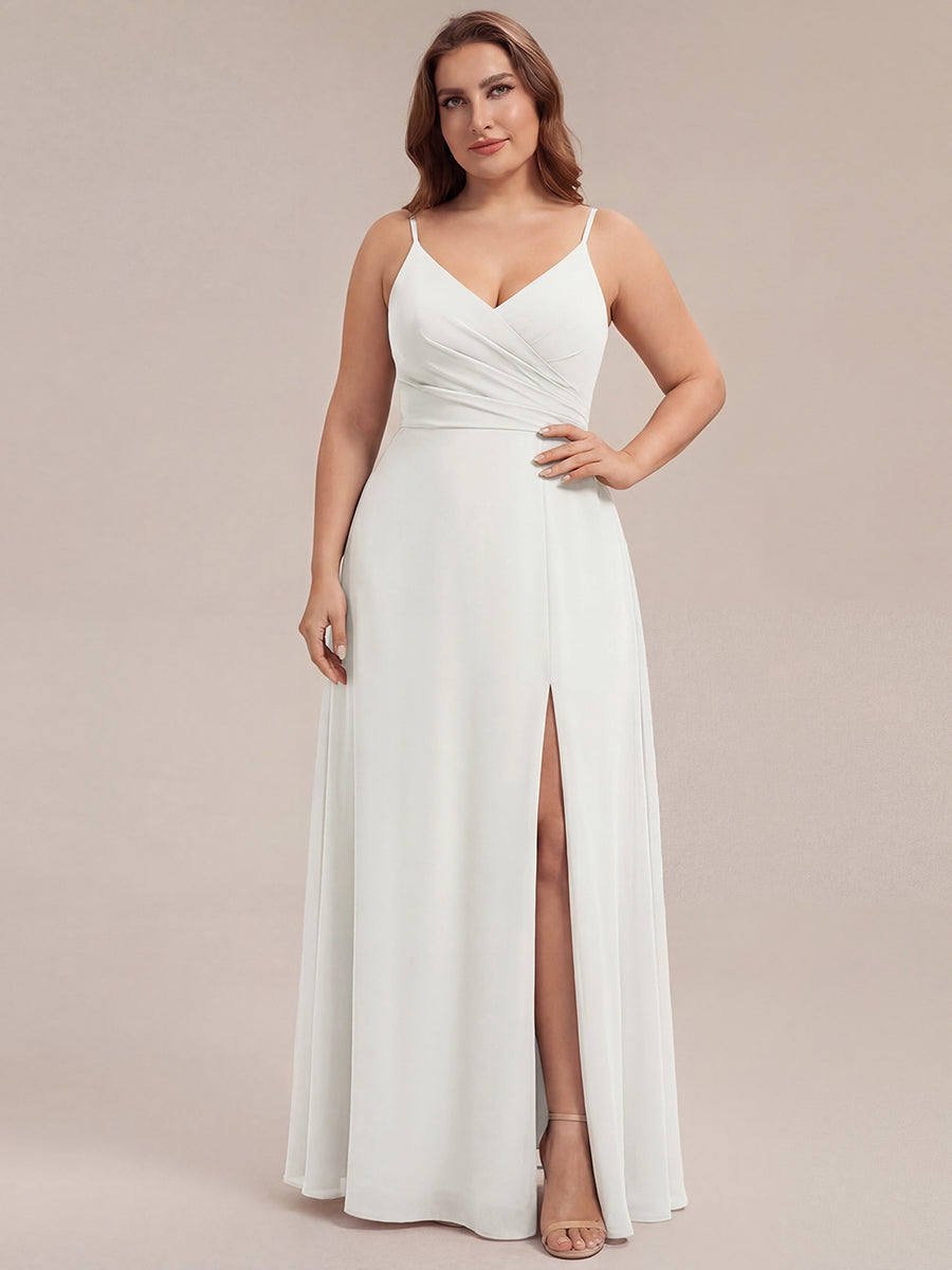 Bodenlanger V-Ausschnitt A-Linie Chiffonkleid Mit Tiefem V-Ausschnitt Und Gerafften Details Kleid #Farbe_Weiß