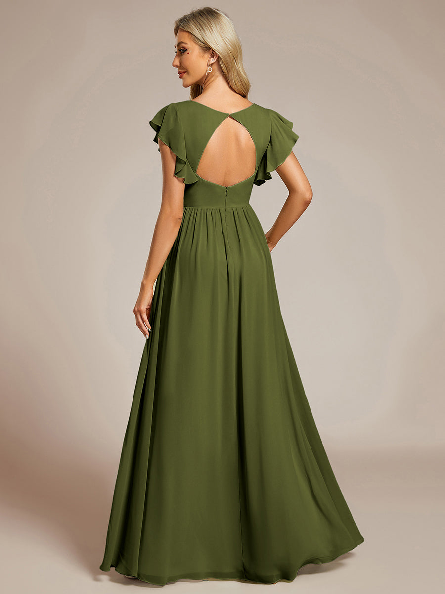 Funkelndes Abendkleid in A-Linie mit Empire-Taille und langen ?rmeln #farbe_Olivgrün