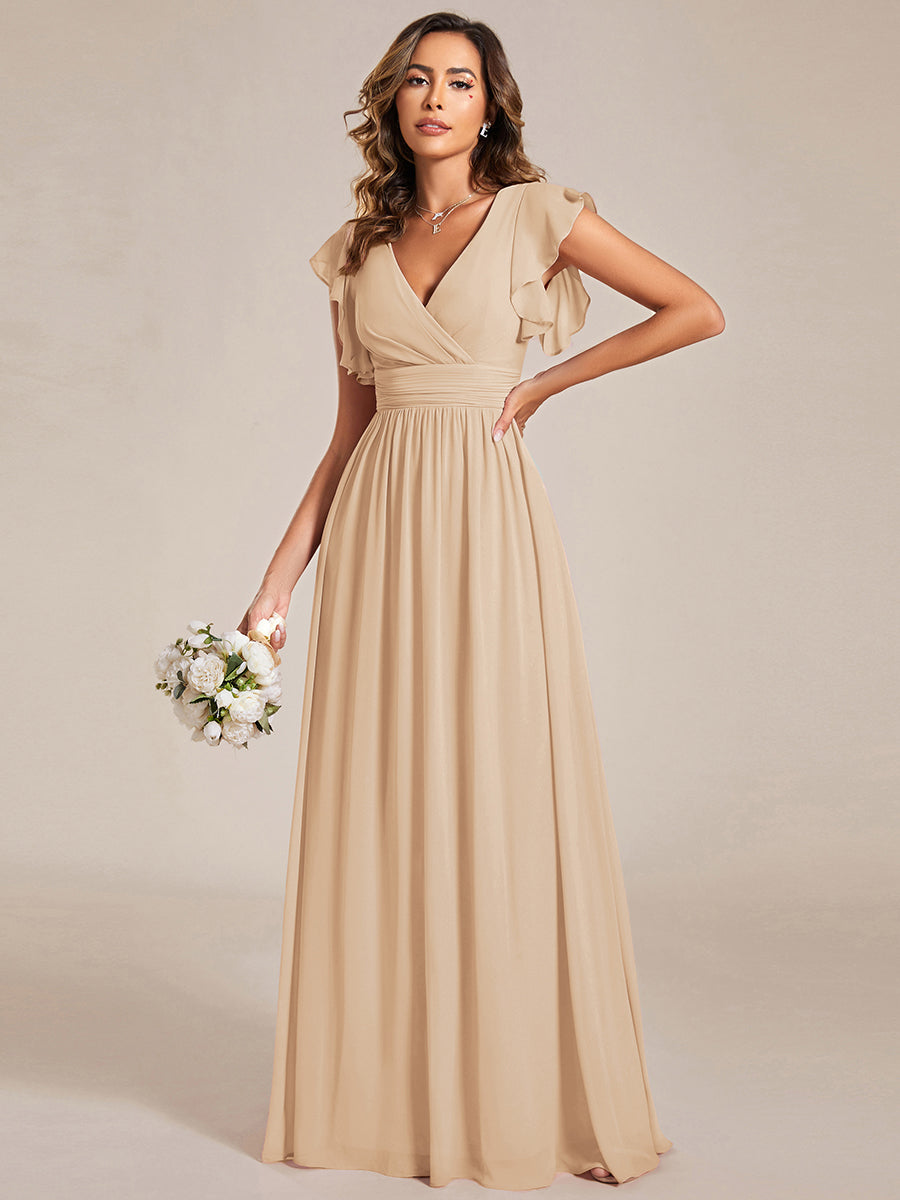 Funkelndes Abendkleid in A-Linie mit Empire-Taille und langen ?rmeln #farbe_Champagner