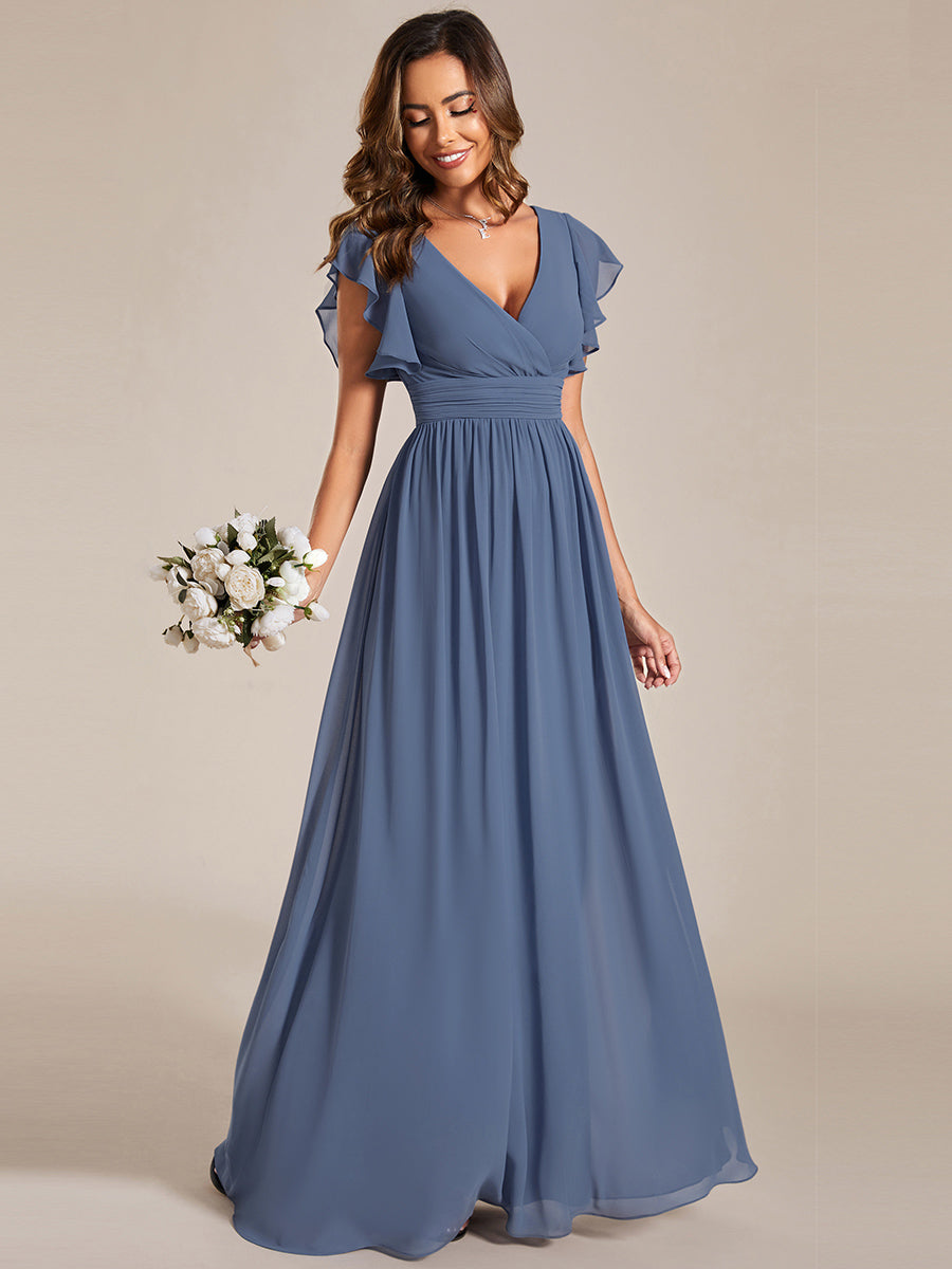 Funkelndes Abendkleid in A-Linie mit Empire-Taille und langen ?rmeln #farbe_Taubenblau