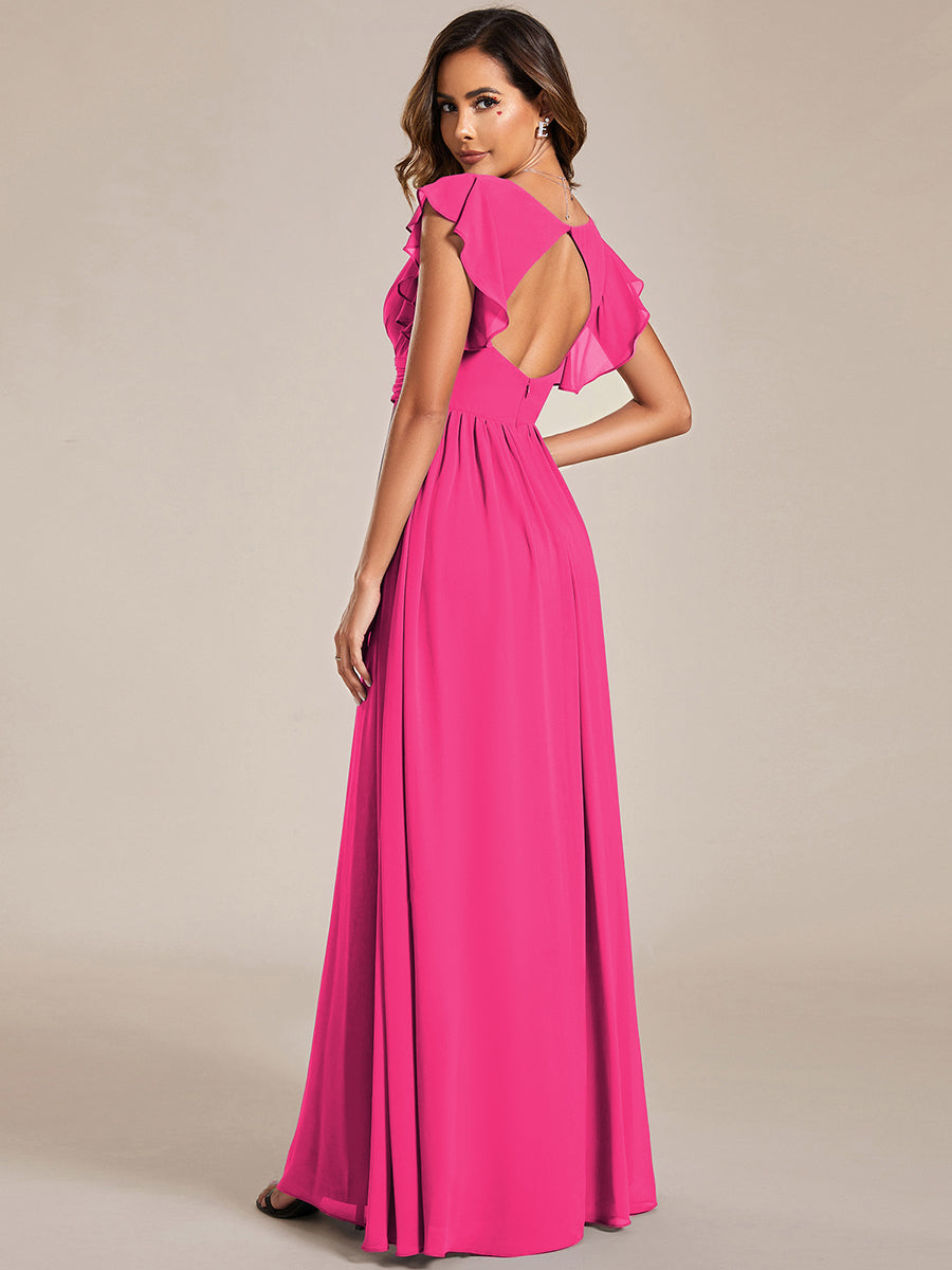 Funkelndes Abendkleid in A-Linie mit Empire-Taille und langen ?rmeln #farbe_Knallpink