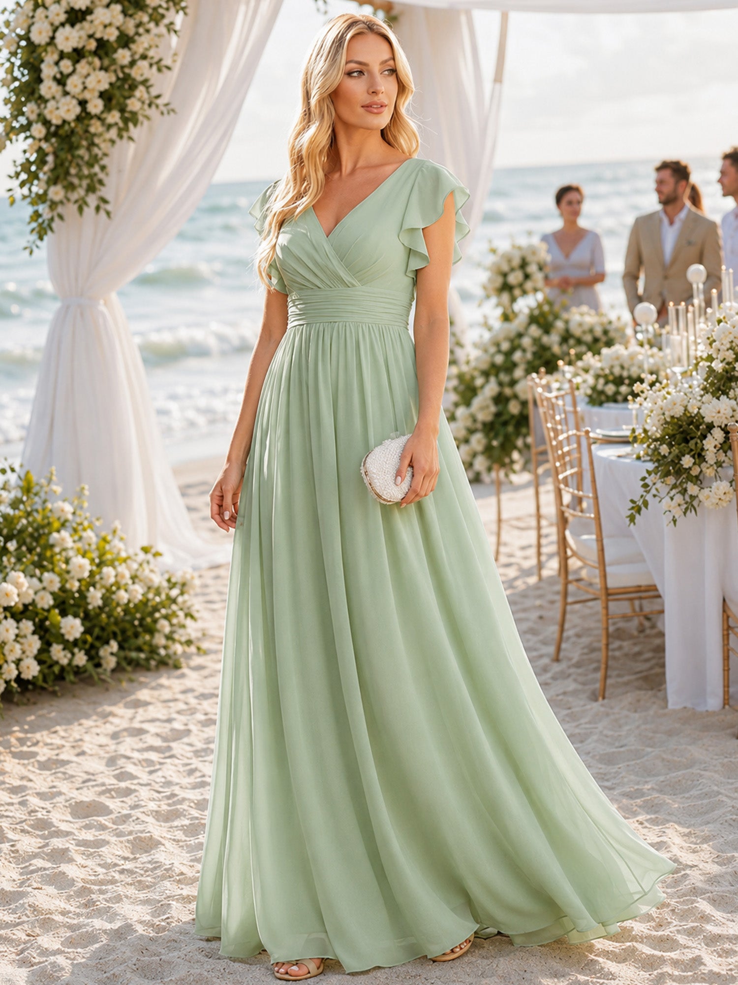 Funkelndes Abendkleid in A-Linie mit Empire-Taille und langen ?rmeln #farbe_Mintgrün