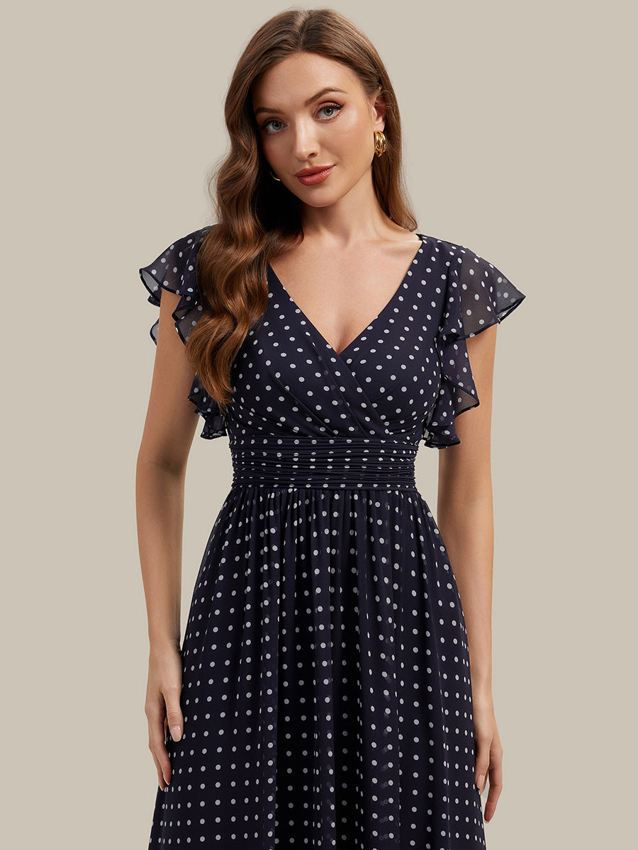 Funkelndes Abendkleid in A-Linie mit Empire-Taille und langen ?rmeln #farbe_Marineblaue Punkte