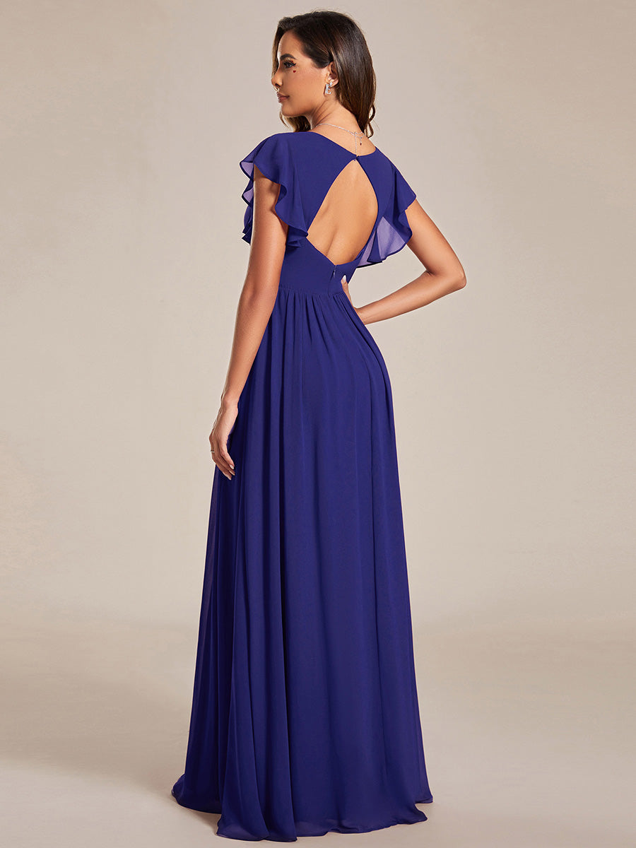 Funkelndes Abendkleid in A-Linie mit Empire-Taille und langen ?rmeln #farbe_Saphirblau