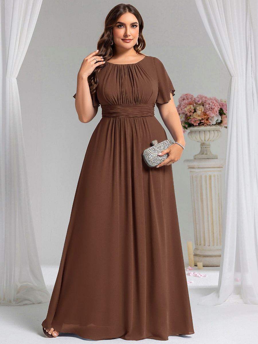 Bodenlanger A-Linien Chiffon Kleid Mit Falten Und Raffung Rundhalsausschnitt #Farbe_Braun