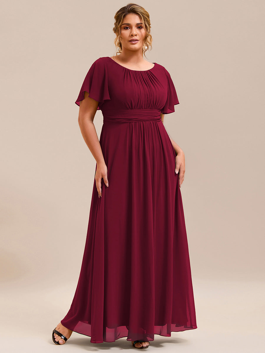 Bodenlanger A-Linien Chiffonkleid Mit Falten Und Rüschen Details Rundhals #Farbe_Burgunderrot