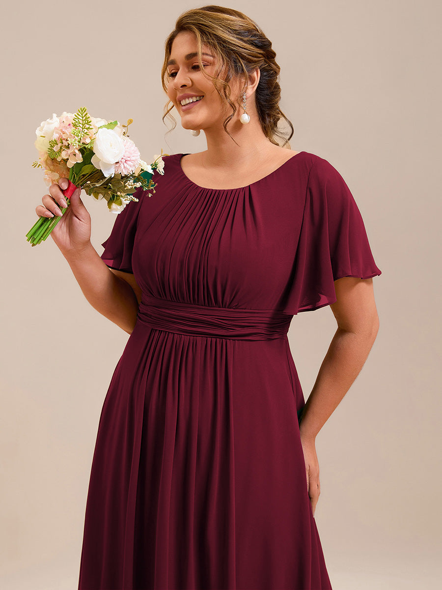 Bodenlanger A-Linien Chiffonkleid Mit Falten Und Rüschen Details Rundhals #Farbe_Burgunderrot