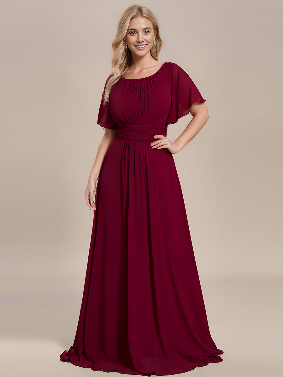 Bodenlanger A-Linien Chiffonkleid Mit Falten Und Rüschen Details Rundhals #Farbe_Burgunderrot