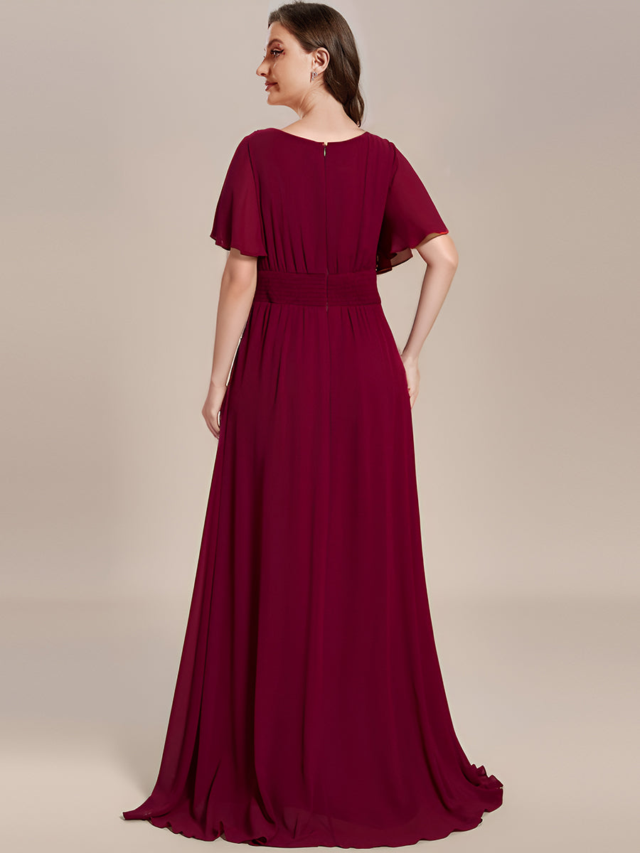 Bodenlanger A-Linien Chiffonkleid Mit Falten Und Rüschen Details Rundhals #Farbe_Burgunderrot