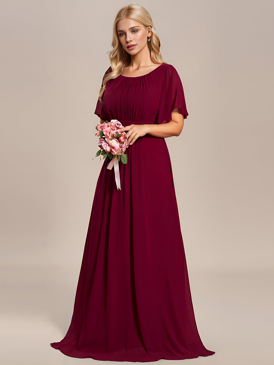 Bodenlanger A-Linien Chiffonkleid Mit Falten Und Rüschen Details Rundhals #Farbe_Burgunderrot