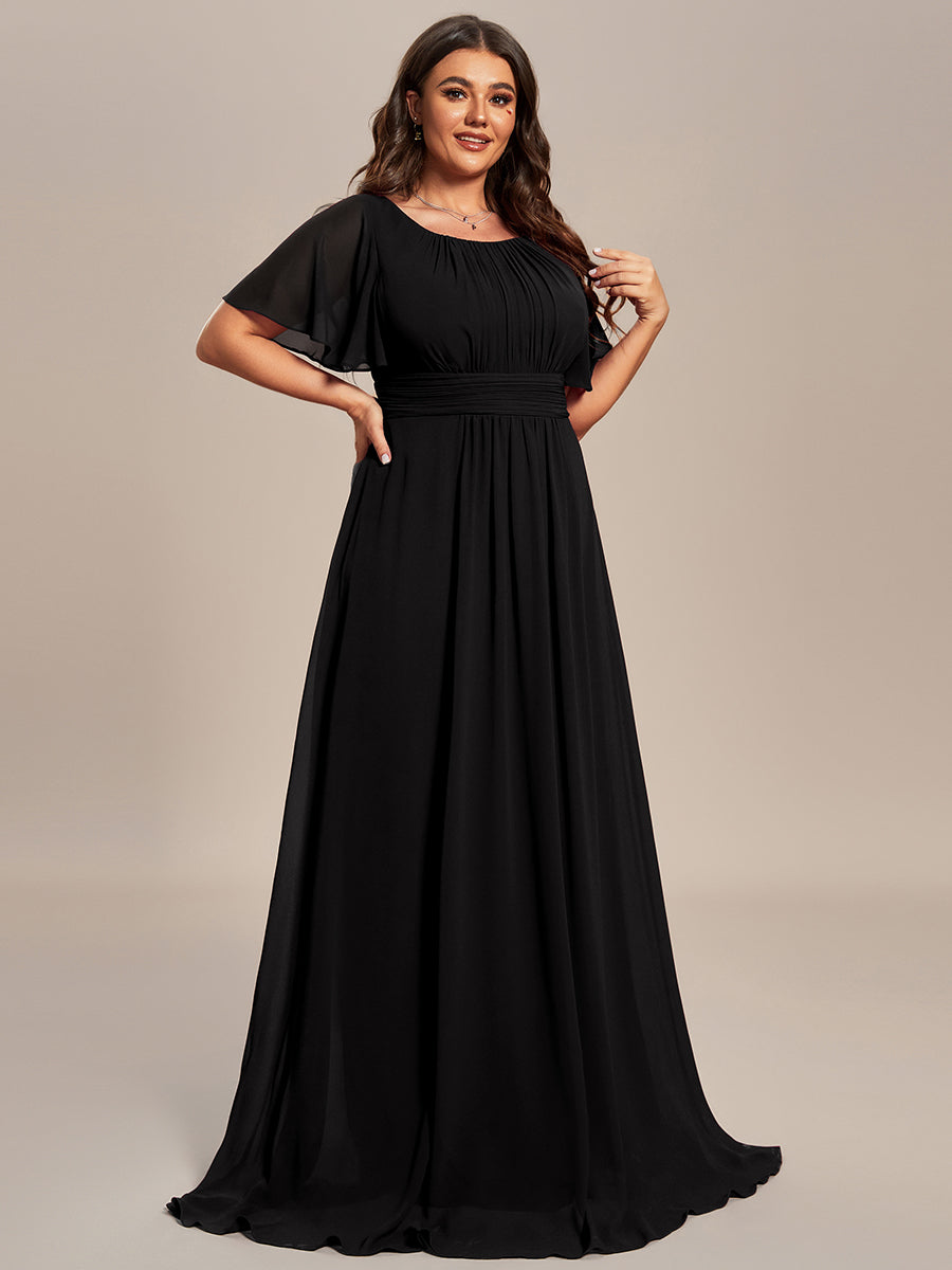Bodenlanger A-Linien Chiffonkleid Mit Falten Und Rüschen Details Rundhals #Farbe_Schwarz