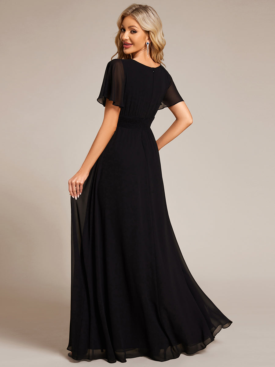 Bodenlanger A-Linien Chiffonkleid Mit Falten Und Rüschen Details Rundhals #Farbe_Schwarz