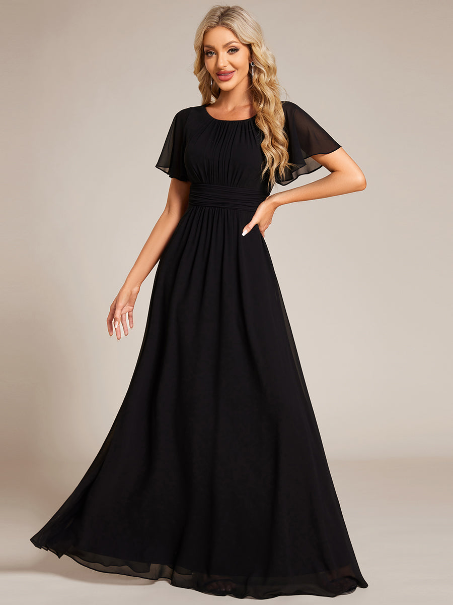 Bodenlanger A-Linien Chiffonkleid Mit Falten Und Rüschen Details Rundhals #Farbe_Schwarz