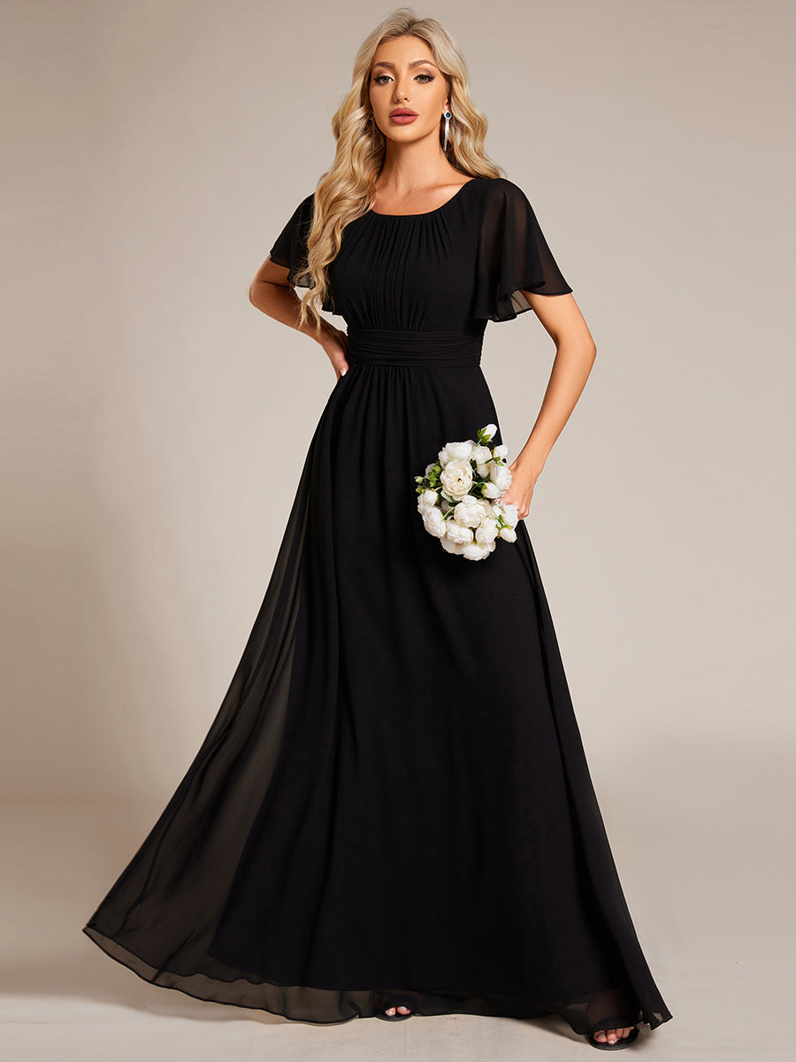 Bodenlanger A-Linien Chiffonkleid Mit Falten Und Rüschen Details Rundhals #Farbe_Schwarz