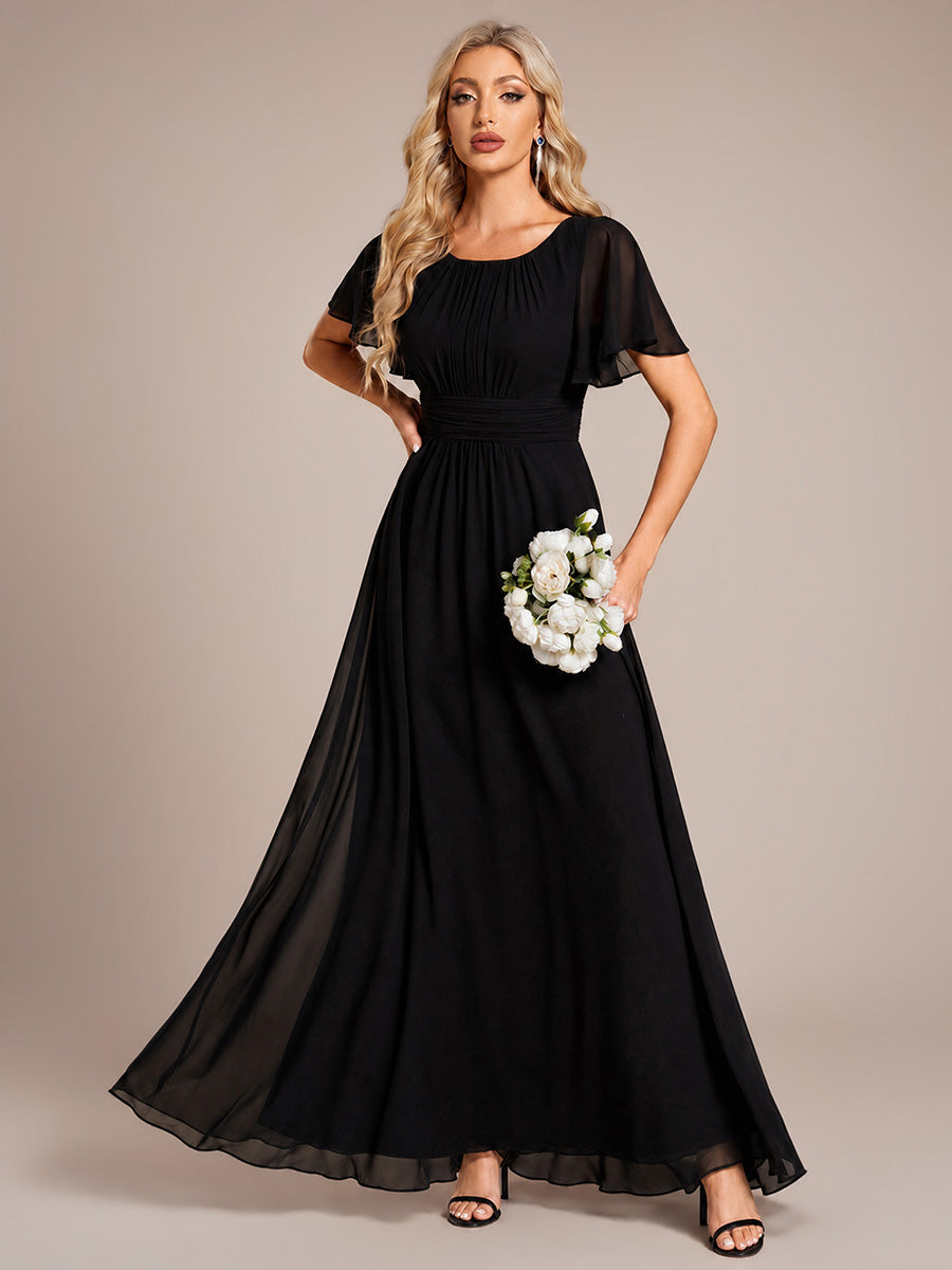 Bodenlanger A-Linien Chiffon Kleid Mit Falten Und Raffung Rundhalsausschnitt #Farbe_Schwarz