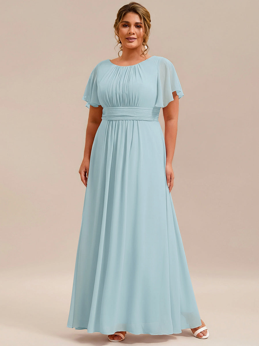 Bodenlanger A-Linien Chiffonkleid Mit Falten Und Rüschen Details Rundhals #Farbe_Himmelblau