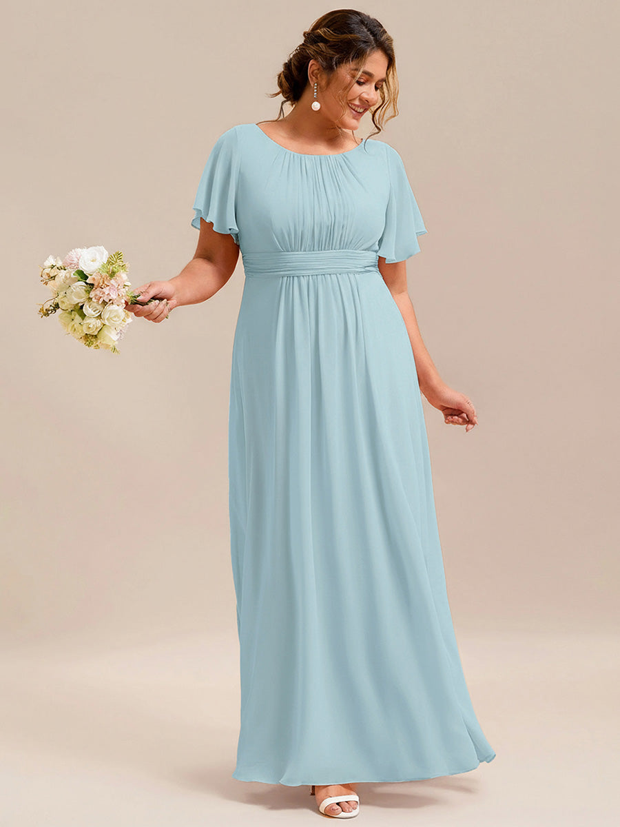 Bodenlanger A-Linien Chiffonkleid Mit Falten Und Rüschen Details Rundhals #Farbe_Himmelblau