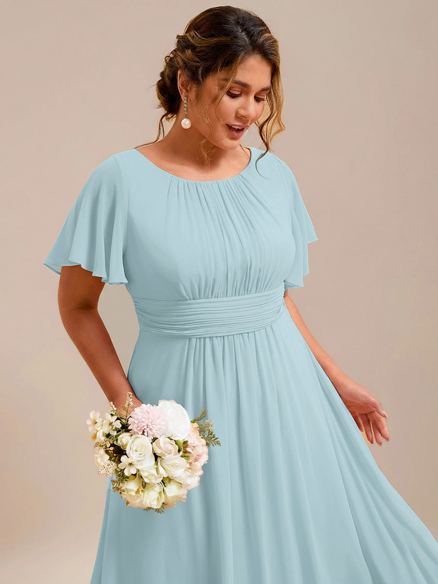 Bodenlanger A-Linien Chiffonkleid Mit Falten Und Rüschen Details Rundhals #Farbe_Himmelblau