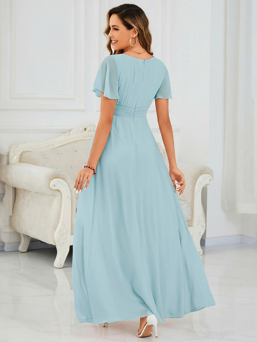 Bodenlanger A-Linien Chiffonkleid Mit Falten Und Rüschen Details Rundhals #Farbe_Himmelblau