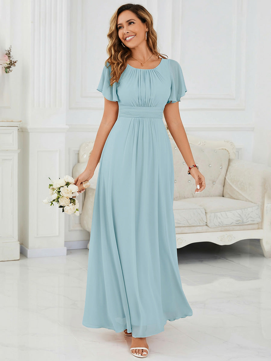Bodenlanger A-Linien Chiffonkleid Mit Falten Und Rüschen Details Rundhals #Farbe_Himmelblau
