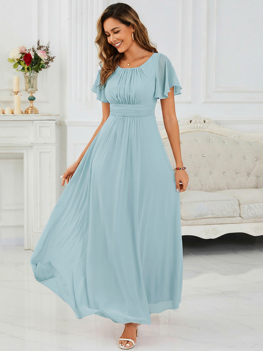 Bodenlanger A-Linien Chiffonkleid Mit Falten Und Rüschen Details Rundhals #Farbe_Himmelblau