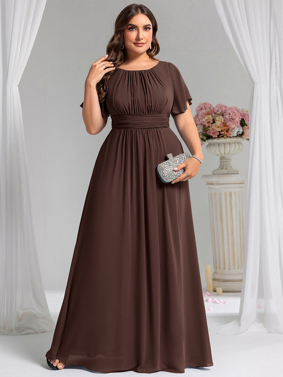 Bodenlanger A-Linien Chiffonkleid Mit Falten Und Rüschen Details Rundhals #Farbe_Schokoladenbraun