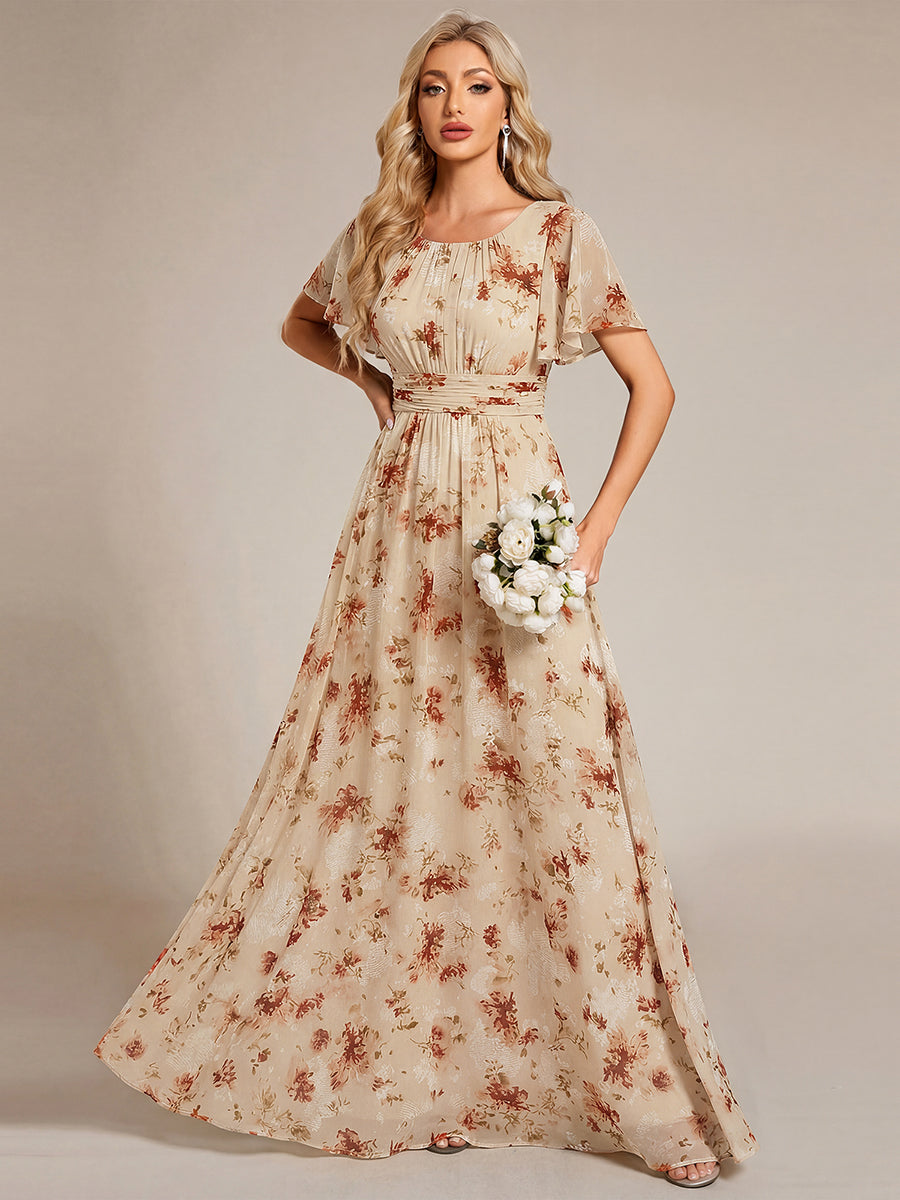 Bodenlanger A-Linien Chiffon Kleid Mit Falten Und Raffung Rundhals #Farbe_Impression Champagne