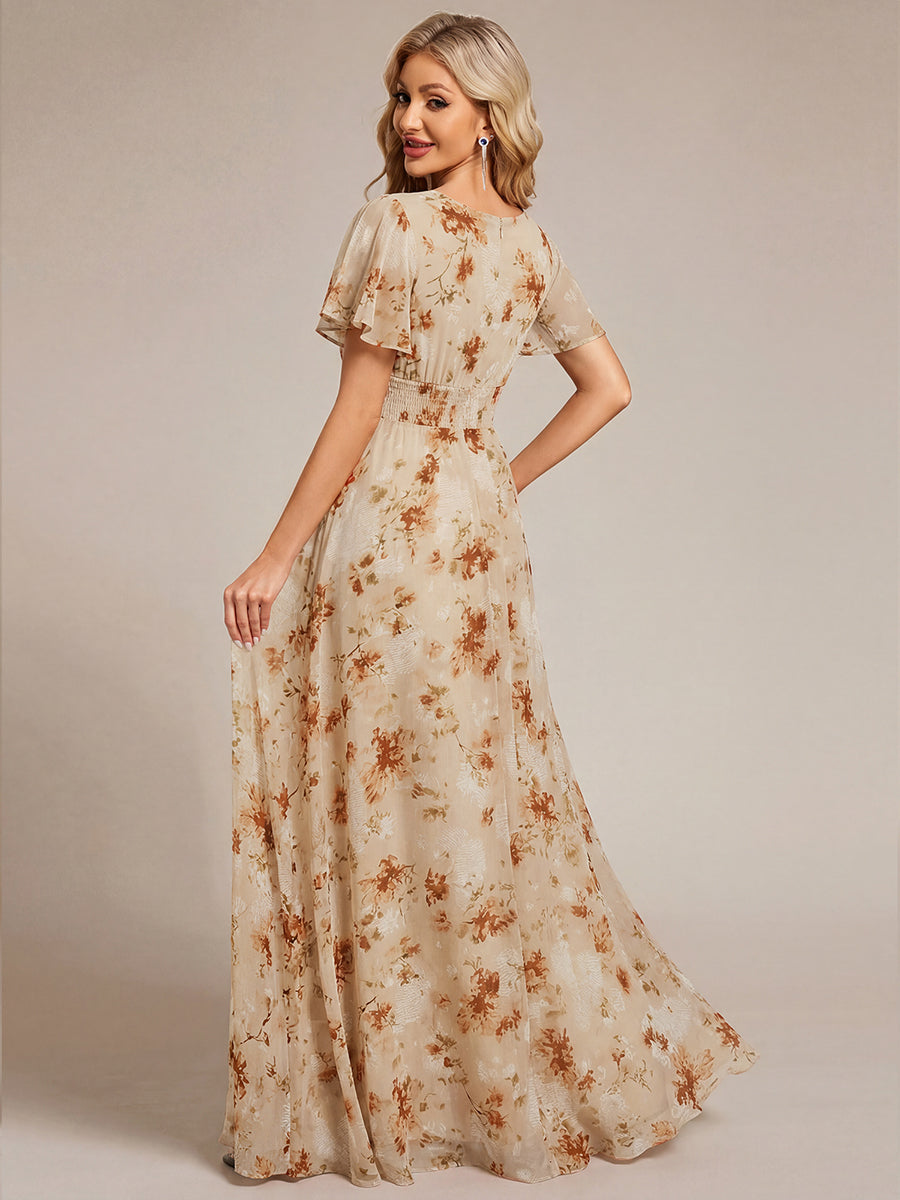 Bodenlanger A-Linien Chiffon Kleid Mit Falten Und Raffung Rundhals #Farbe_Impression Champagne