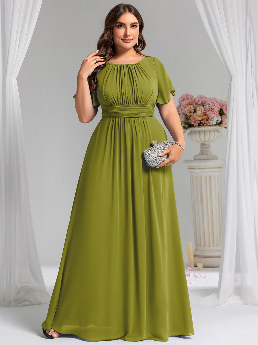 Bodenlanger A-Linien Chiffonkleid Mit Falten Und Rüschen Details Rundhals #Farbe_Zitrone