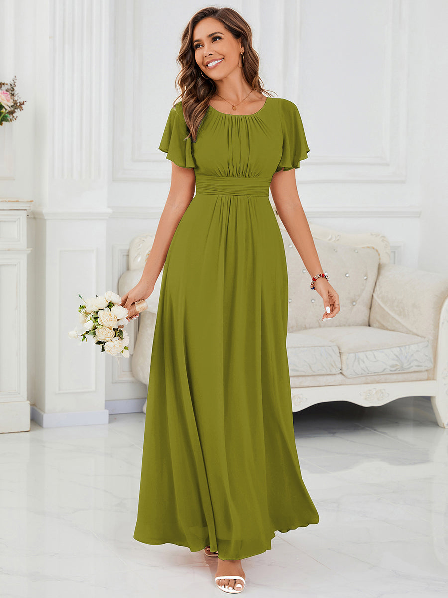 Bodenlanger A-Linien Chiffonkleid Mit Falten Und Rüschen Details Rundhals #Farbe_Zitrone
